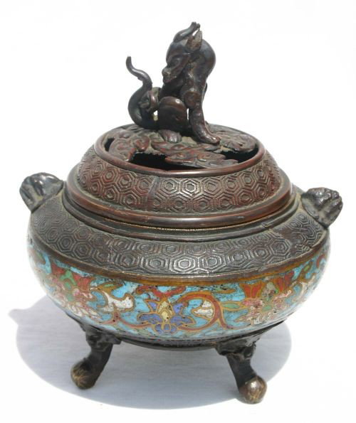 antique Chinese bronze & Champleve fine form senso: antique Chinese bronze & Champleve fine form sensor w dragon finial - 6 1/2"
