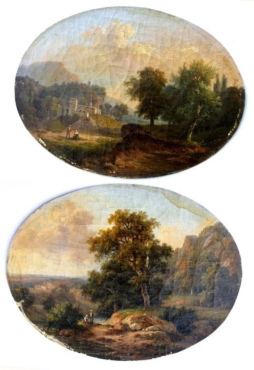 A pair of attrib Thomas Moran (1837-1926) 6 ½ x 8: A pair of attrib Thomas Moran (1837-1926) 6 ½ x 8 ½ oval oil on very fine linen/nap canvas Italian landscapes ca 1866 titled on verso "Dawn" & "Dusk"… They retain the original stained varnish & ha