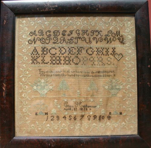 dated 1835 17"x17" alphabet, verse & pictoral samp: dated 1835 17"x17" alphabet, verse & pictoral sampler by Eliza Hathaway age 12 in vintage frame