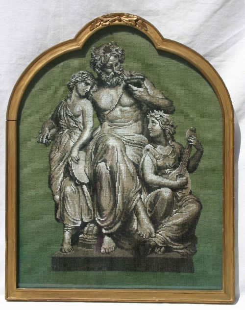 fine quality antique bead & needlework Classical s: fine quality antique bead & needlework Classical scene in vintage frame - 22 1/2" x 18"