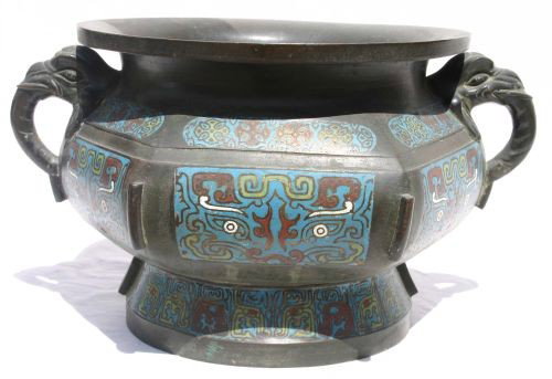 large Chinese bronze & Champleve jardinere w drago: large Chinese bronze & Champleve jardinere w dragon handles - 9 1/2" tall x 12" diam