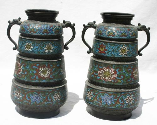 pr of Chinese Champleve multi tiered vessels - 12": pr of Chinese Champleve multi tiered vessels - 12" tall