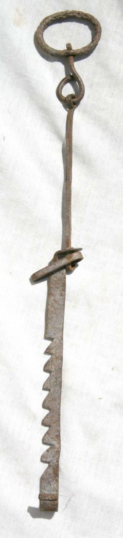 18thC PA miniature wrought iron lighting trammel i: 18thC PA miniature wrought iron lighting trammel in old surface w no repairs - 10" long