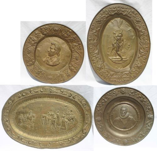 lot of 4 lg antique brass embossed hanging wall pl: lot of 4 lg antique brass embossed hanging wall plaques w portraits of Schiller, Henry IV & Classical figural dec - 2 are 24" diam - 19x28 & 20x27