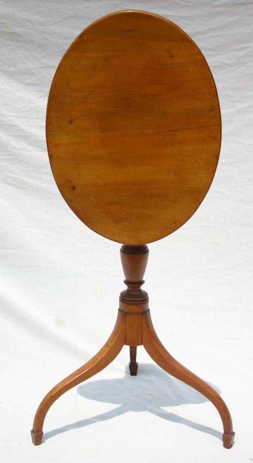 Great ca 1800 outstanding form maple & birch spade: Great ca 1800 outstanding form North Shore MA or Southern NH maple & birch spade ft oval tip top Hepplewhite period candlestand sgnd D. How - 20"x15" oval top