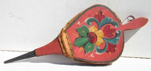 ca 1820 State of Maine pine, leather & tin bellows: ca 1820 State of Maine pine, leather & tin bellows in rare & fabulous vibrant polychrome salmon paint dec - 20" long