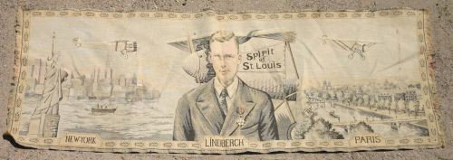 French made tapestry depicting the Spirit of St Lo: French made tapestry depicting the Spirit of St Louis NY to Paris w portrait of Charles Lindberg - 55"x19"