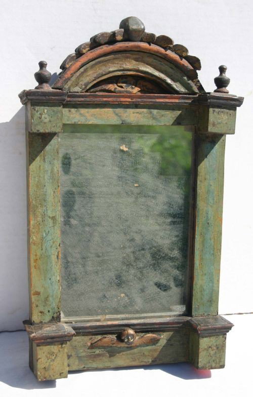 rare 18thC great form mirror in orig green paint f: rare 18thC great form mirror in orig green paint from Cape Cod MA - 17" tall