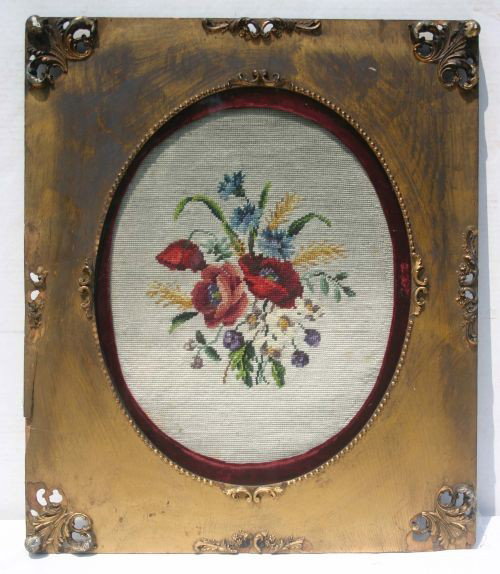 antique oval framed floral motif needlepoint in fi: antique oval framed floral motif needlepoint in fine vintage frame - framed size 26" tall x 22" wide