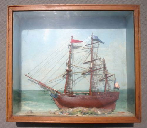antique hand painted diorama featuring a ship flyin: antique hand painted diorama featuring a ship flying an American flag - 17"x15"