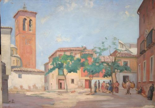 Very good Jane Peterson sgnd on verso 13x18 1/2 o/b: Very good Jane Peterson sgnd on verso 13x18 1/2 o/bd fine Venice village scene