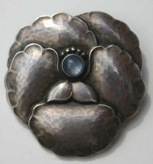 Georg Jensen (old Danish mark) pansy & moonstone s: Georg Jensen (old Danish mark) pansy & moonstone sterling pin - 1 1/2" long