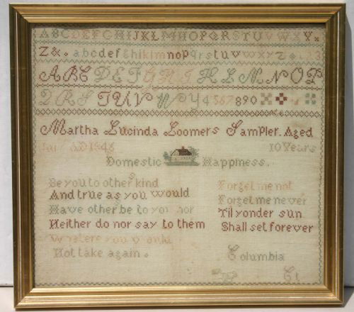 Fine antique needlework sampler by Martha Lucinda: Fine antique needlework sampler by Martha Lucinda of Columbia, CT dtd 1846 - 14 1/2" x 16 1/2"