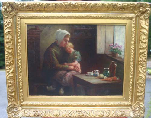 Bernard Pothast (1882-1966) 12x9 o/c laid on boar: Bernard Pothast (1882-1966) 12x9 o/c laid on board of a mother & child sitting in a window