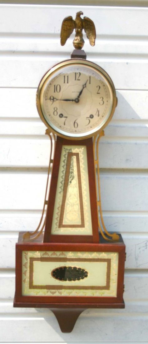 Seth Thomas 8 day spring wound banjo clock w rever: Seth Thomas 8 day spring wound banjo clock w reverse painted panels - 30" tall