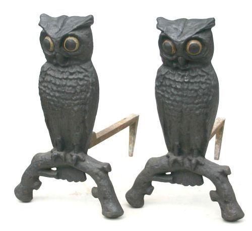 pr of antique iron owl figural andirons - 13 1/2": pr of antique iron owl figural andirons - 13 1/2" tall