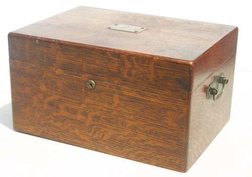 antique oak humidor w brass plaque marked William : antique oak humidor w brass plaque marked William Lapworth dated 1909 w brass handles -