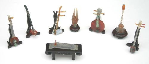 unusual lot of 8 Oriental miniature musical instru: unusual lot of 8 Oriental miniature musical instruments in soapstone, etc w stands in orig box