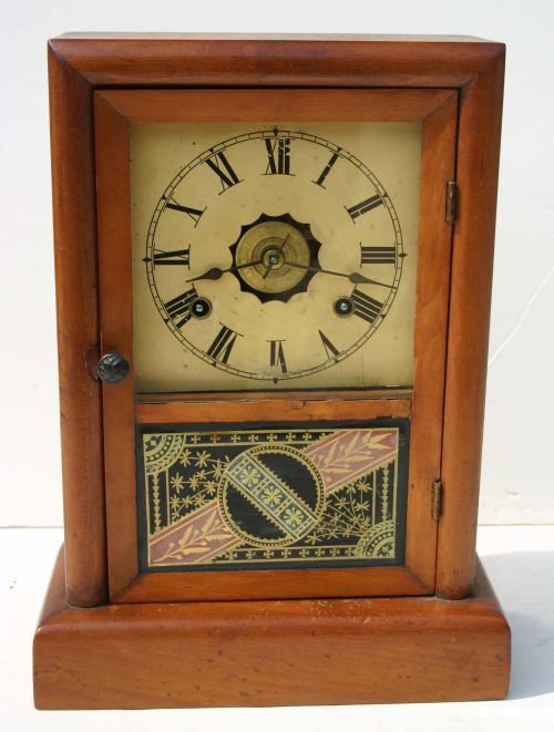 antique New Haven mantle clock w reverse painted p: antique New Haven mantle clock w reverse painted panel - 13" tall