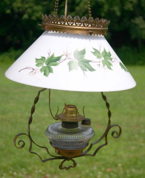 country store type brass hanging lamp w hnd painte: country store type brass hanging lamp w hnd painted leaf dec shade