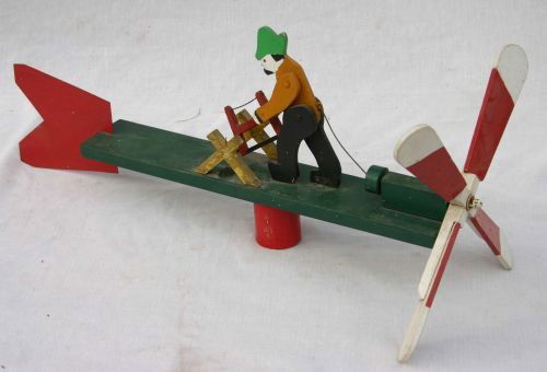 lot of 2 Folk Art wooden carved & orig painted whi: lot of 2 Folk Art wooden carved & orig painted whirligigs - man sawing & woman washing