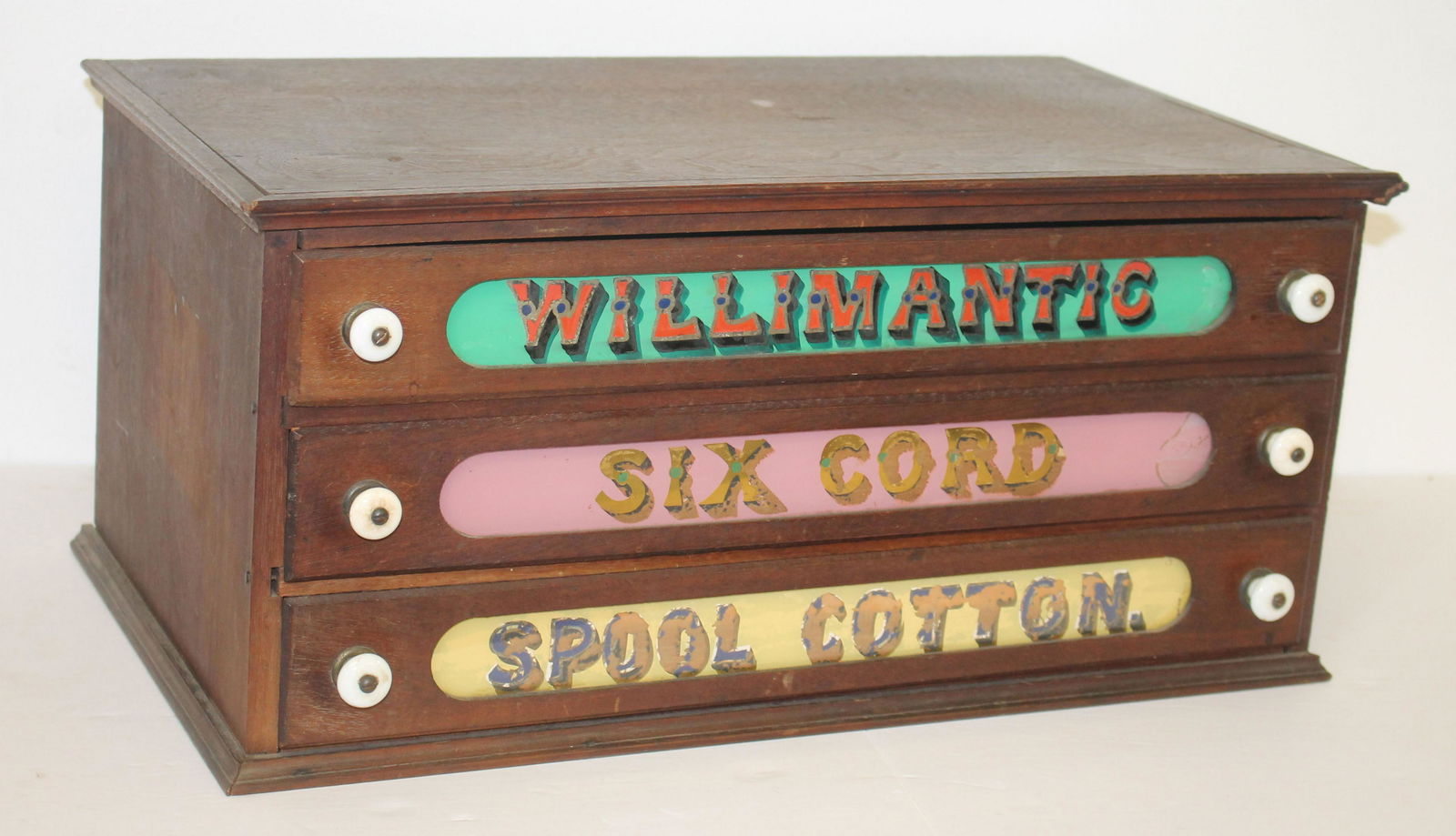 Antique "Willimantic Six Cords Spool Cotton" e drawer cabinet - 21 1/2" wide x 12 1/4" deep x 10" (1 of 5)