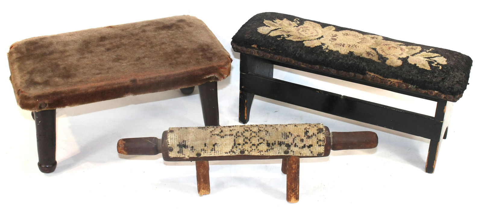 lot of 3 Victorian fabric covered footstools incl mohair, hooked & needlepoint examples - 16 1/2", (1 of 7)