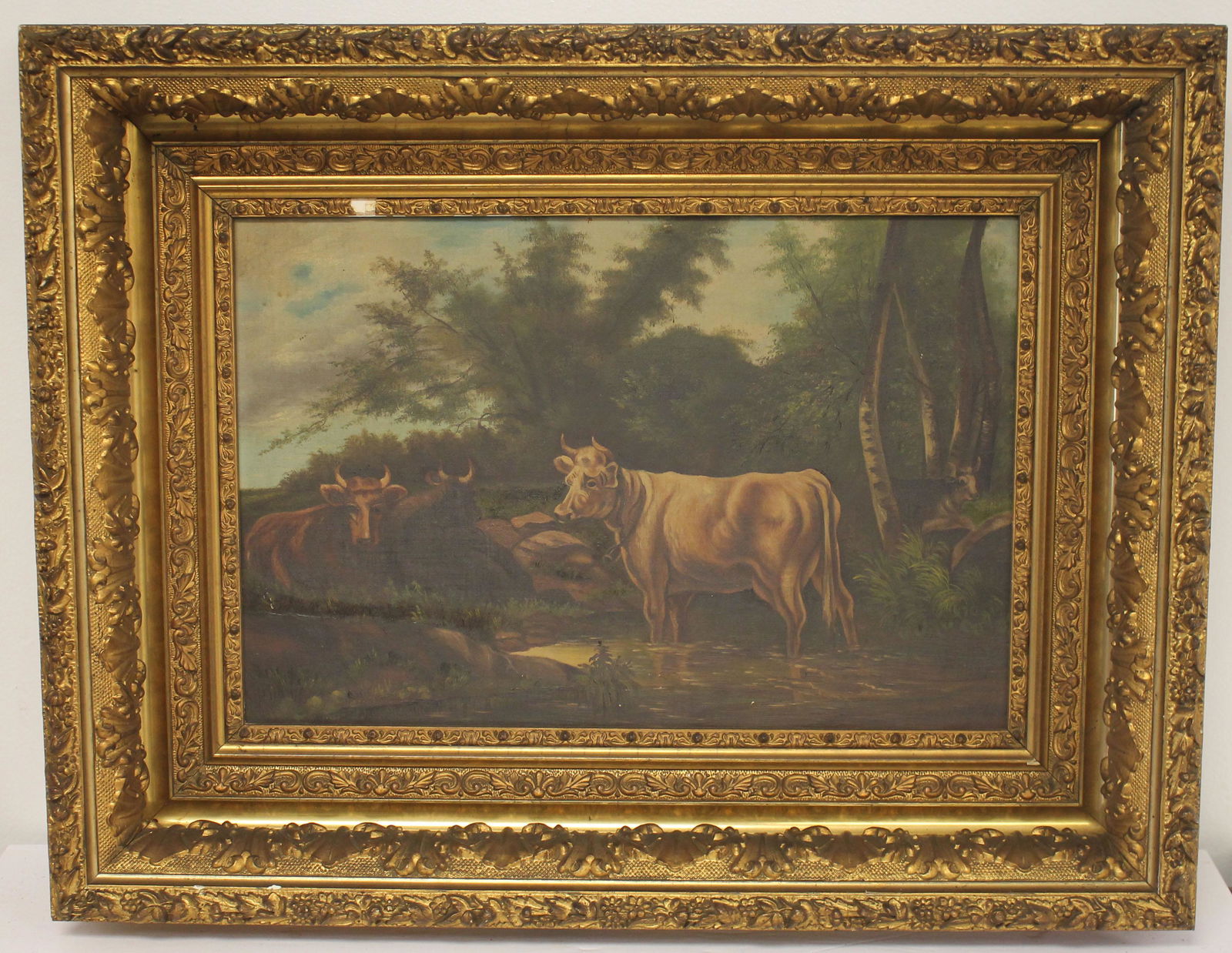 Oil on canvas of cows in heavy carved gold frame - approx 12"x18" canvas size (1 of 7)
