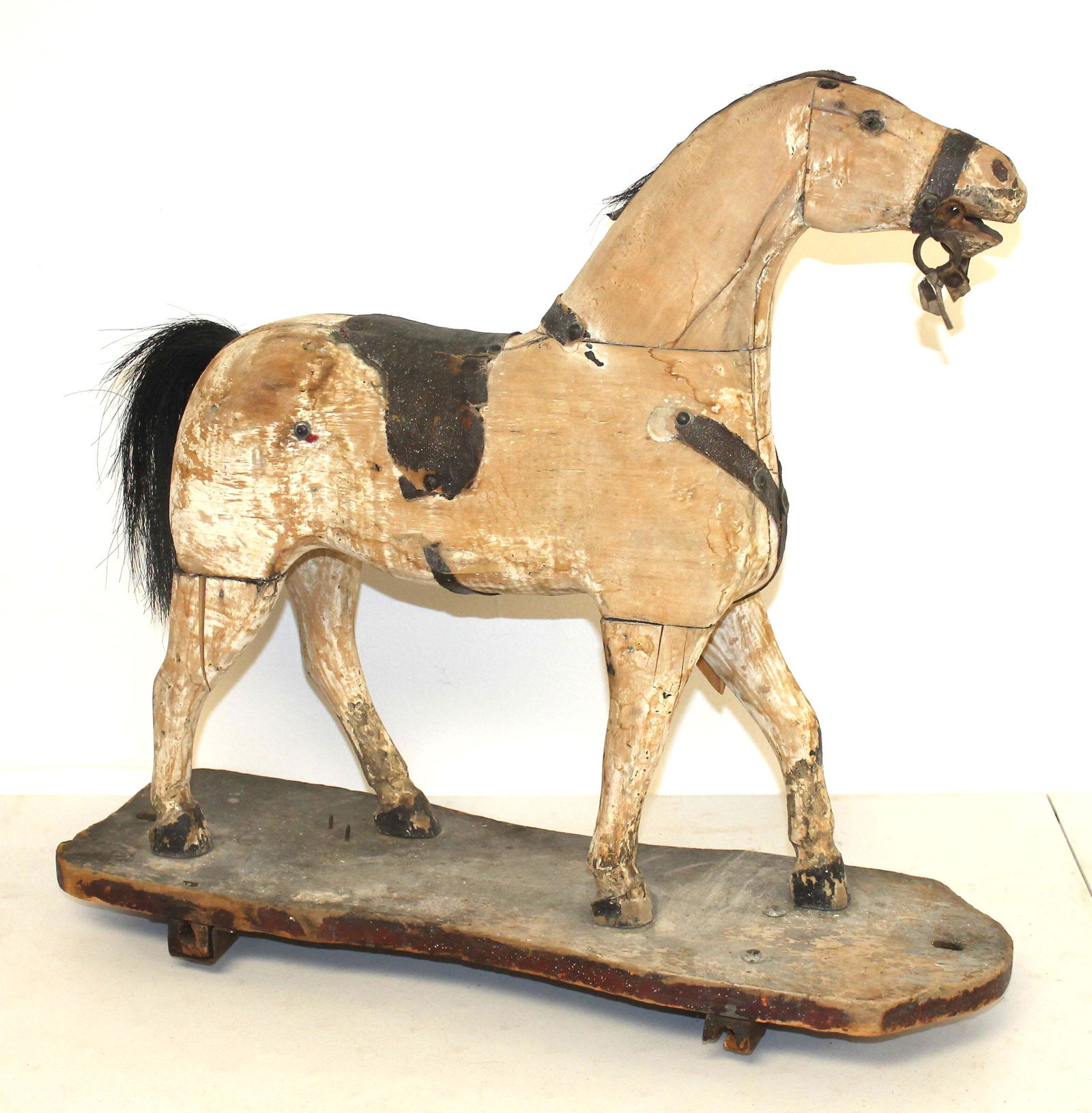 Antique horse pull toy w horse hair tail - as found - no wheels - 21 1/2" tall x 24" long (1 of 7)