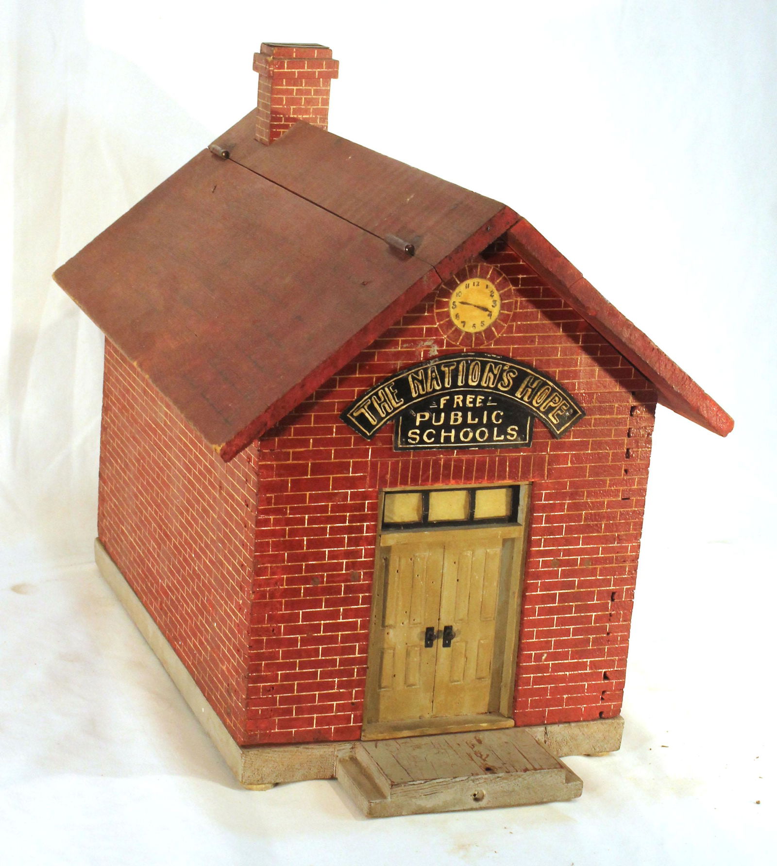 Large vintage wooden mechanical bank "The Nations Hope - Free Public Schools" - 15" tall x 17" long (1 of 5)