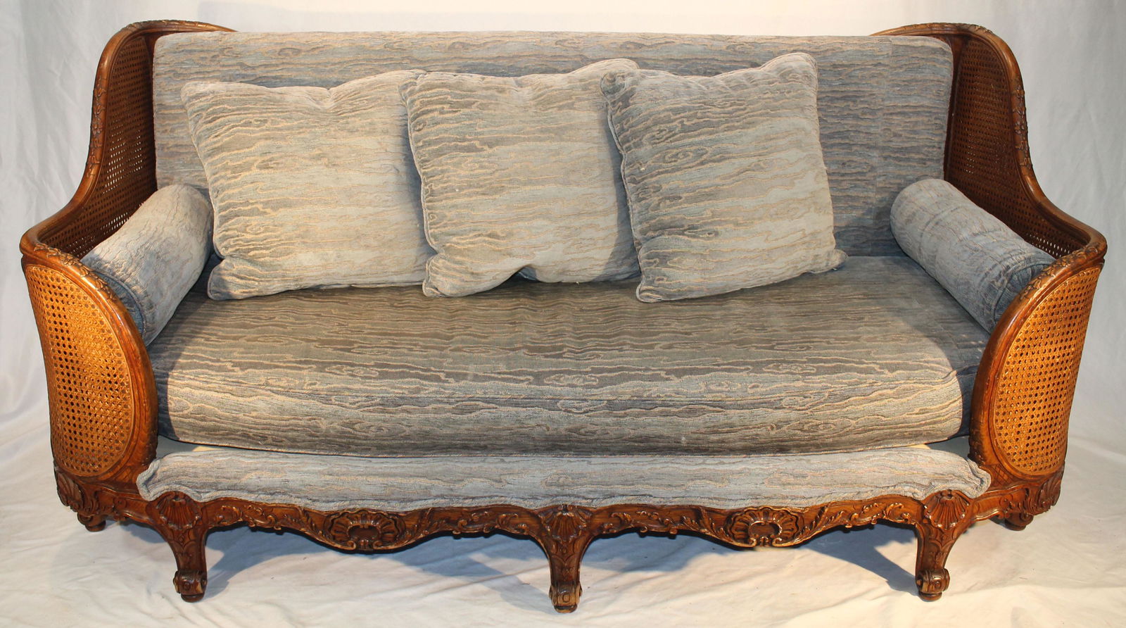 Antique French Bergere carved walnut sofa w cane back & sides & floral carved top back & arms in (1 of 16)