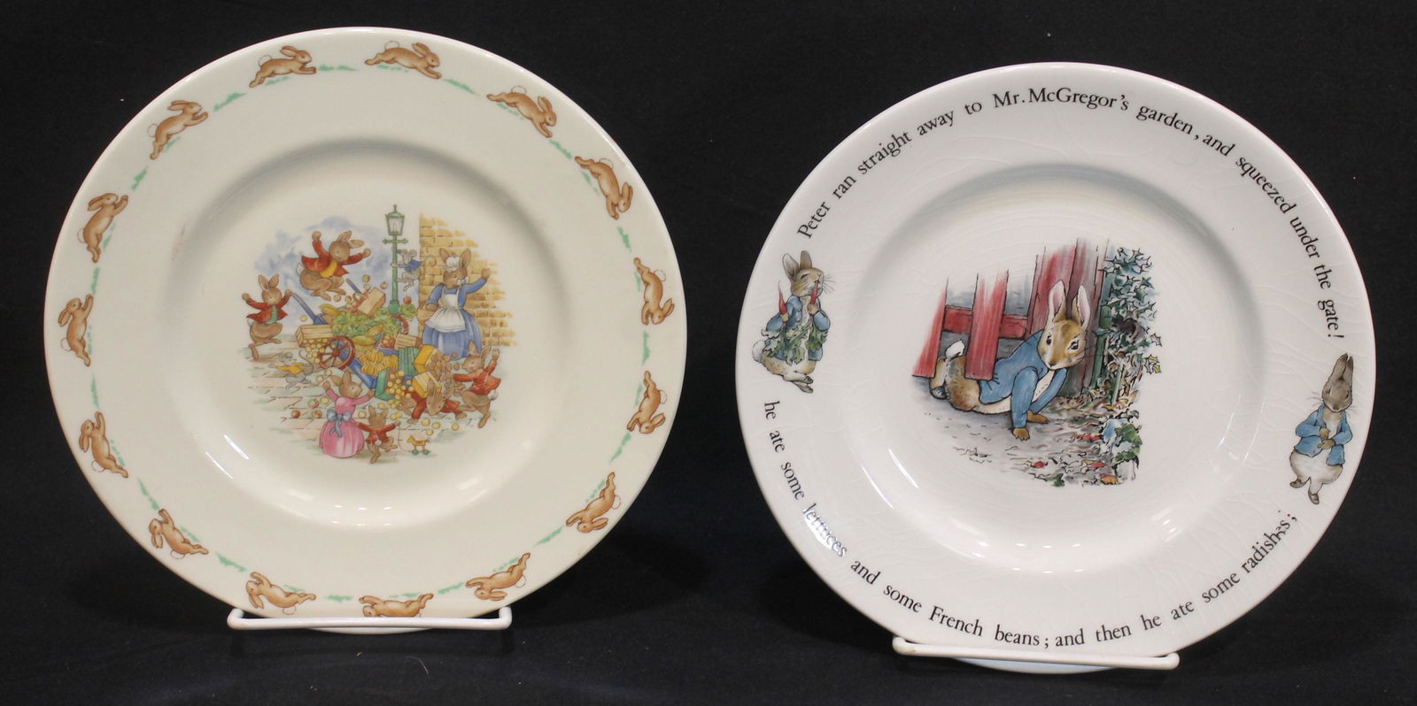 lot of 2 child's bunny motif porcelain plates incl Wedgwood Beatrix Potter Designs "Peter Rabbit" &: lot of 2 child's bunny motif porcelain plates incl Wedgwood Beatrix Potter Designs "Peter Rabbit" & Royal Doulton "Bunnykins" - approx 8" diam