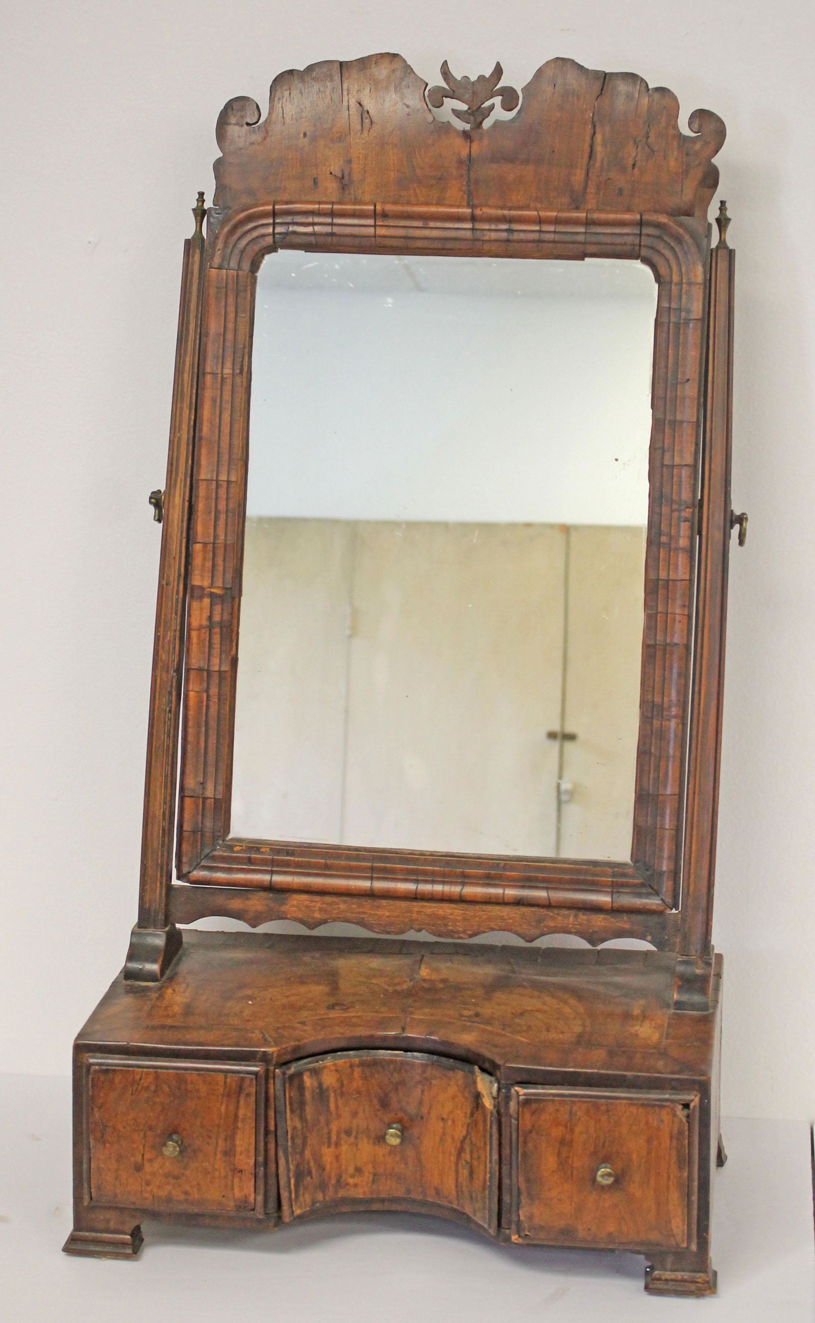 Antique burl walnut inlaid veneer shaving mirror w 3 drawers & carved floral crest - 32" tall x 16" (1 of 11)