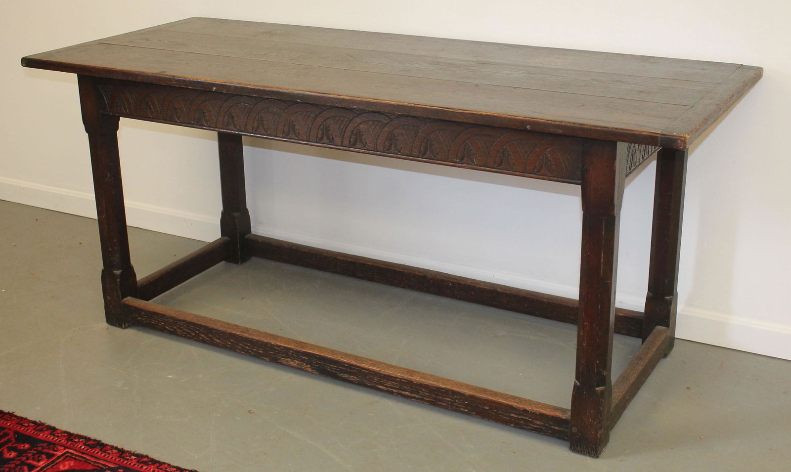 Antique carved oak refectory table w stretcher base - 69" wide x 30" tall x 28" deep (1 of 3)