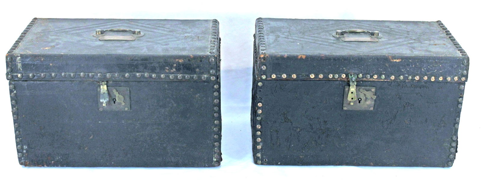 Pr of antique his & hers leather travel trunks w brass tacks & brass name tags on tops "Theodore B. (1 of 5)
