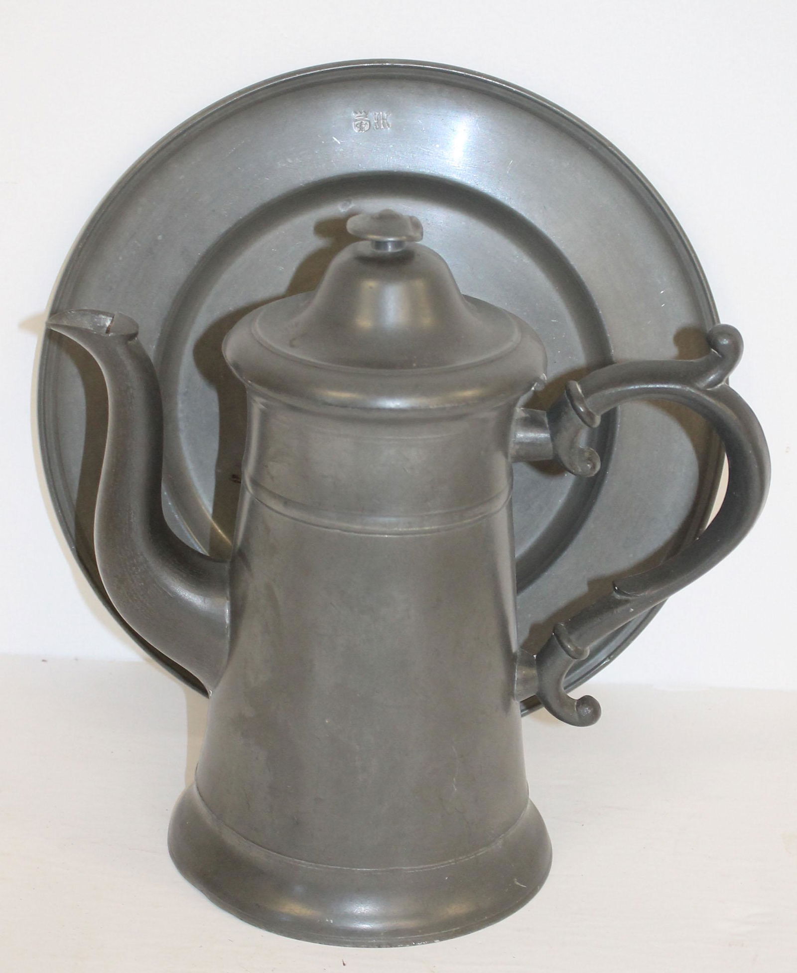 Lot of 2 pieces of antique pewter incl 11" diam plate & 10 1/2" tall coffee pot (1 of 8)