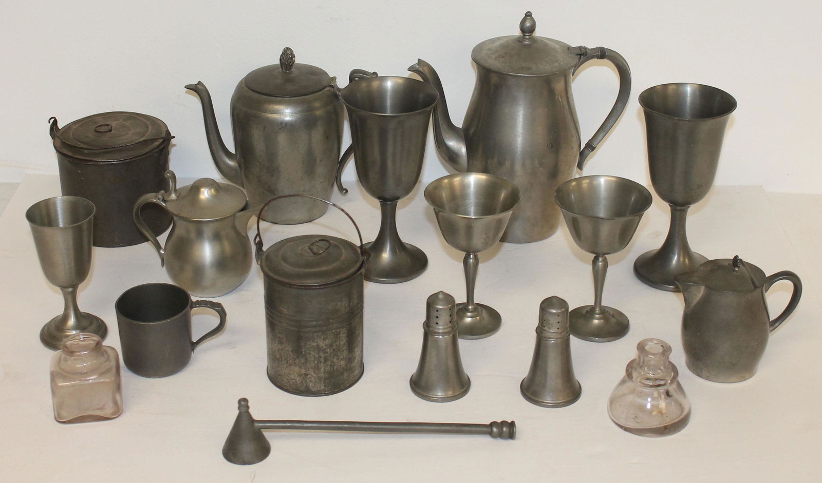 Lot of misc tin, glass & pewter incl tea pot, goblets, s&p, creamer, inkwells, etc (1 of 5)