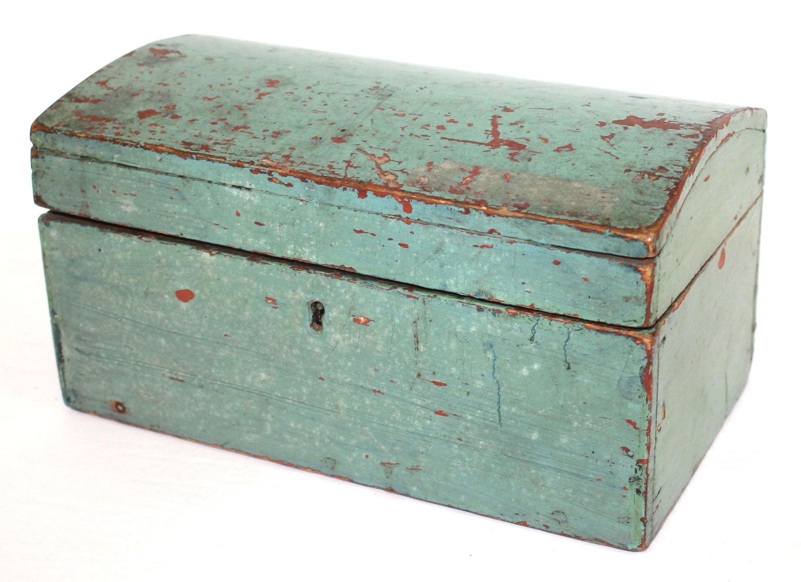 Miniature antique dome top box in turquoise/blue paint - 5" tall x 9 1/2" wide x 5 1/2" deep (1 of 5)