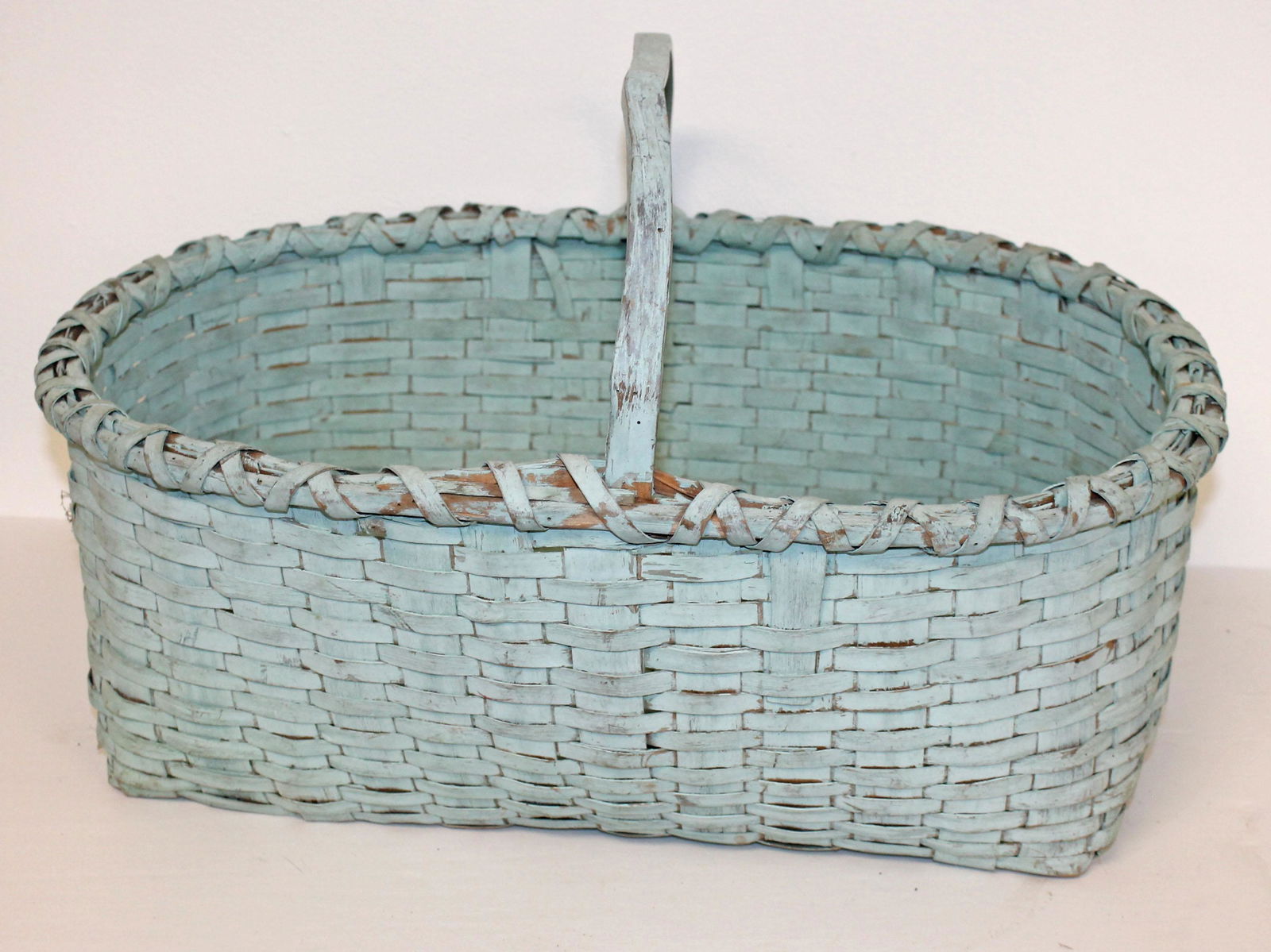 Antique gathering basket w fixed handle in light blue paint - 19 3/4" long x 12" tall x 14" deep (1 of 3)