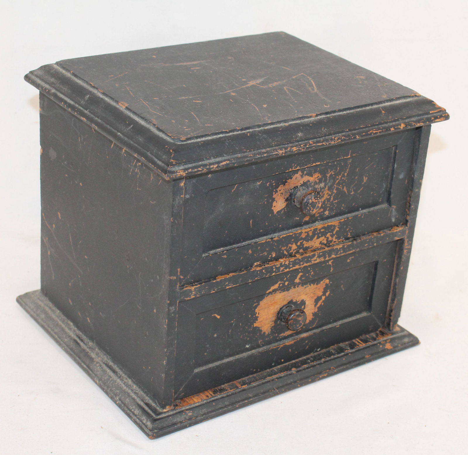 Antique diminutive 2 drawer chest/box in dark blue paint - 8 1/2" tall x 10" wide x 8 1/4" deep (1 of 4)