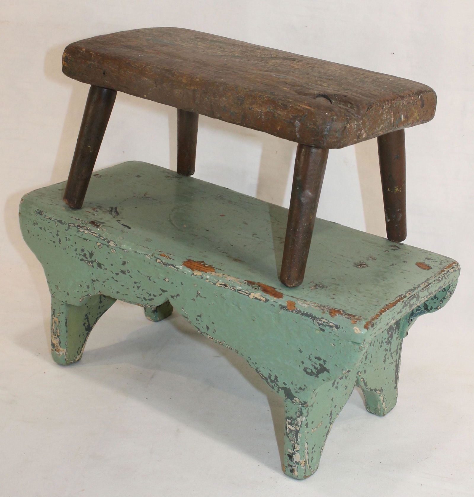 lot of 2 antique cricket stools in green & brown paint (1 of 6)