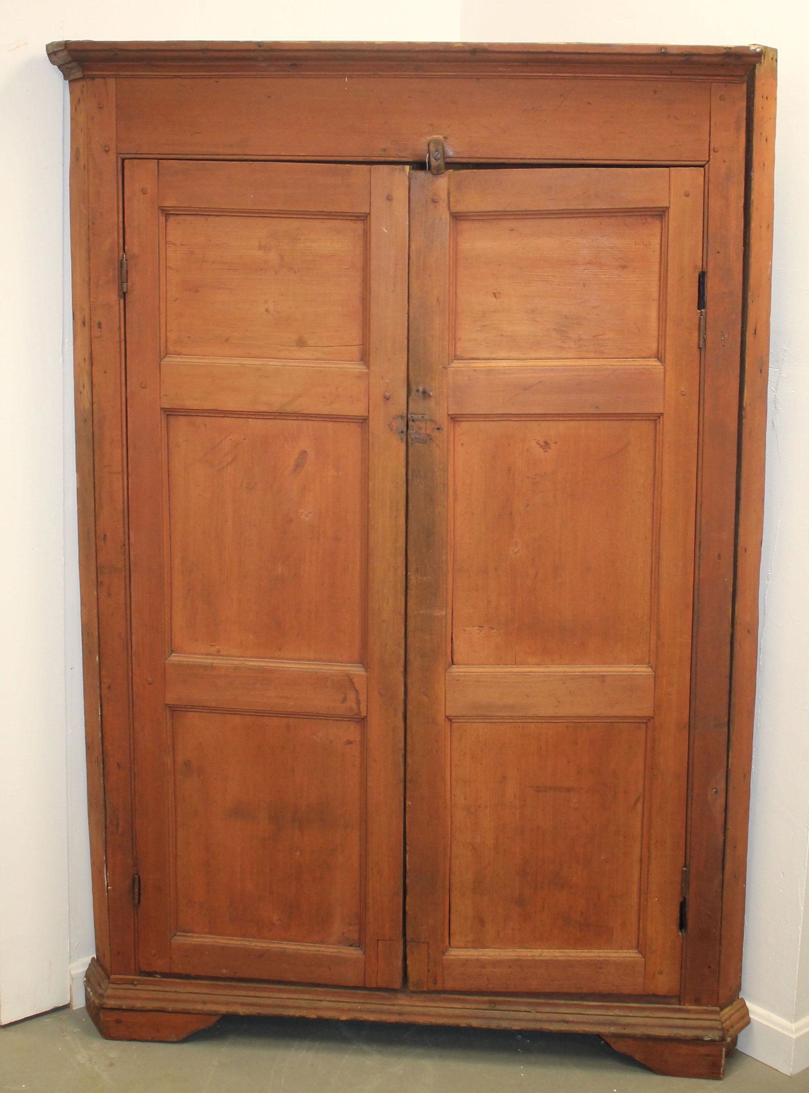 18thC corner cupboard in red wash - as found - 68" tall x 48" wide x 28" deep from corner to side (1 of 11)