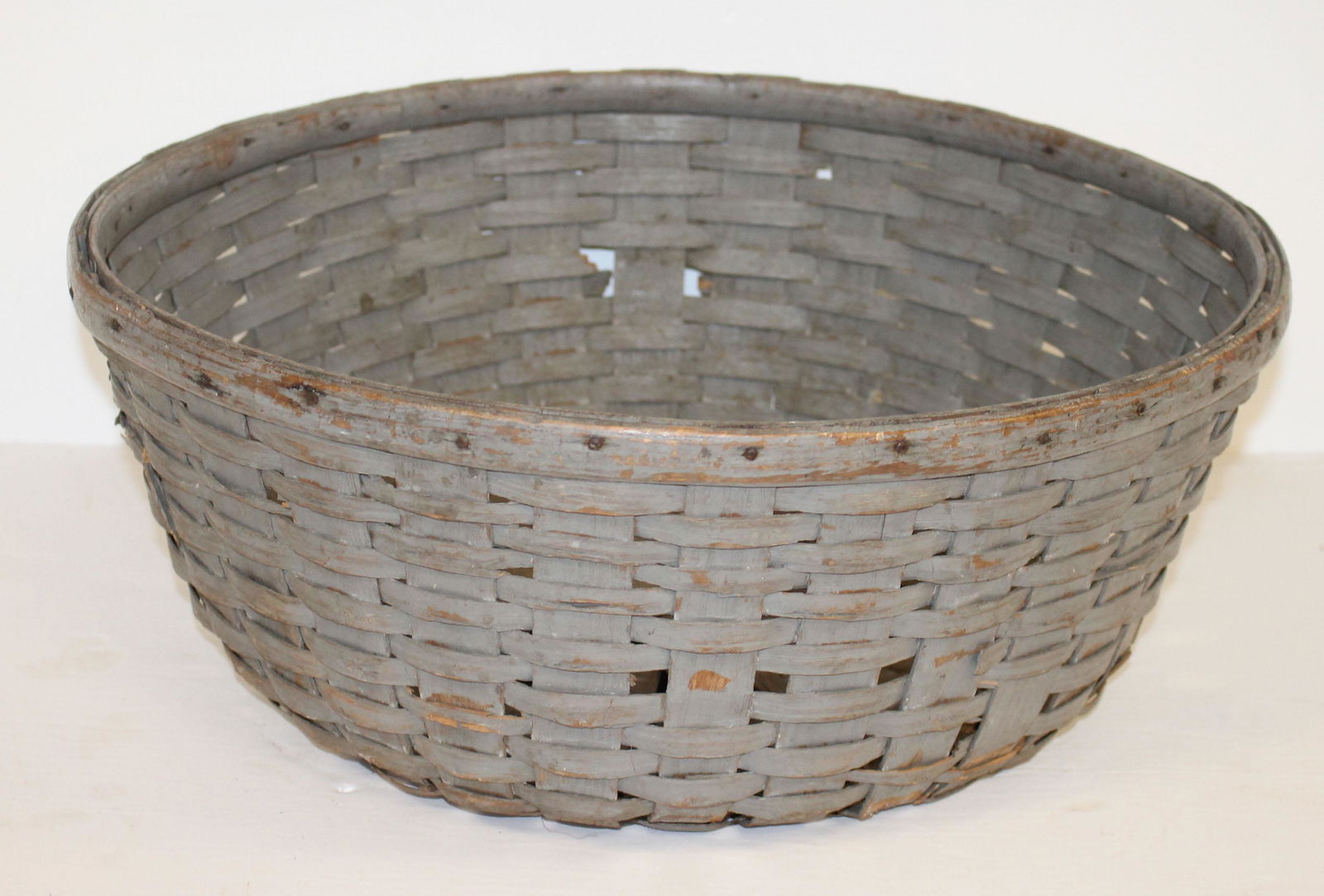 Large gathering basket in gray paint - as found condition - approx 18 1/2" diam x 8" tall (1 of 7)