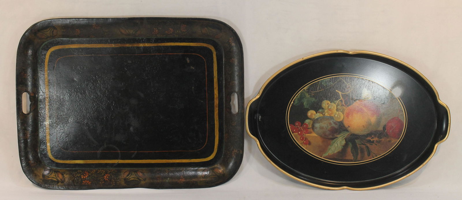lot of 2 painted trays incl large 22"x16 3/4" rectangular tole floral dec & 20 1/4"x14" oval wooden (1 of 4)