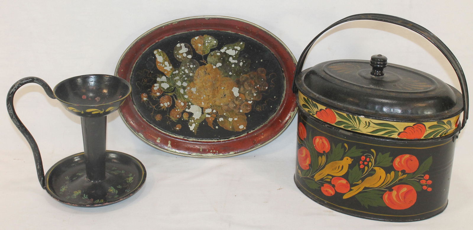 Lot of 3 tole items incl candle holder, lunch pail & small oval tray (1 of 5)
