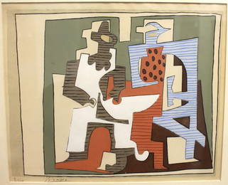 After PABLO PICASSO (1881 - 1973) PIERROT ET ARLEQUIN Pochoir printed in colors, circa 1920, signed