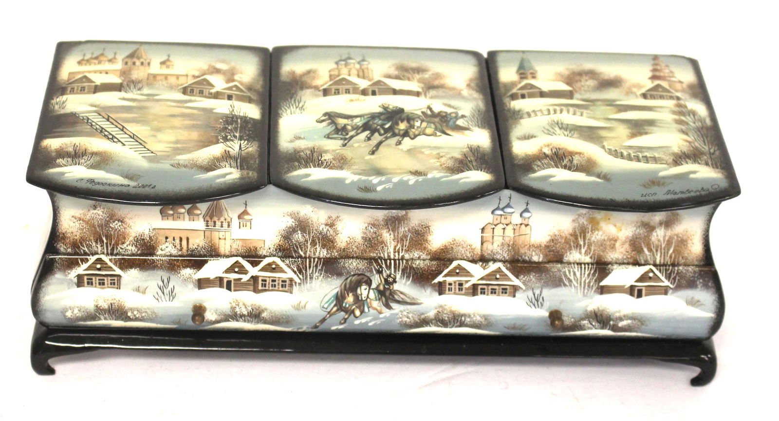 Russian lacquer box w winter scenic dec - sgnd - 9 3/4"x4 1/4"x3 1/4" tall (1 of 11)