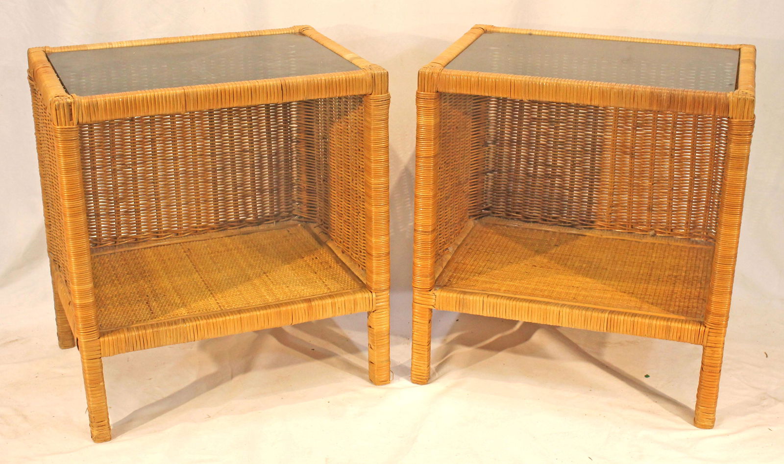 Pair of vintage rattan wicker end tables with glass inset tops - 21 3/4" tall x 20" wide x 15" deep (1 of 4)