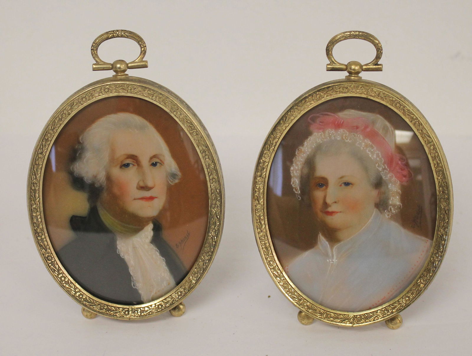 Pr of ca 1920 miniature w/c portraits on wafer of George & Martha Washington - sgnd G. Stuart (1 of 13)