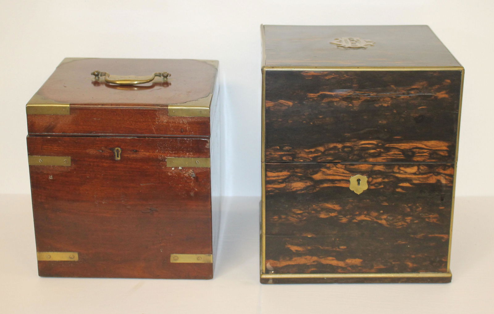Antique brass bound bottle box w 4 glass bottles together with another brass trimmed box (no (1 of 11)
